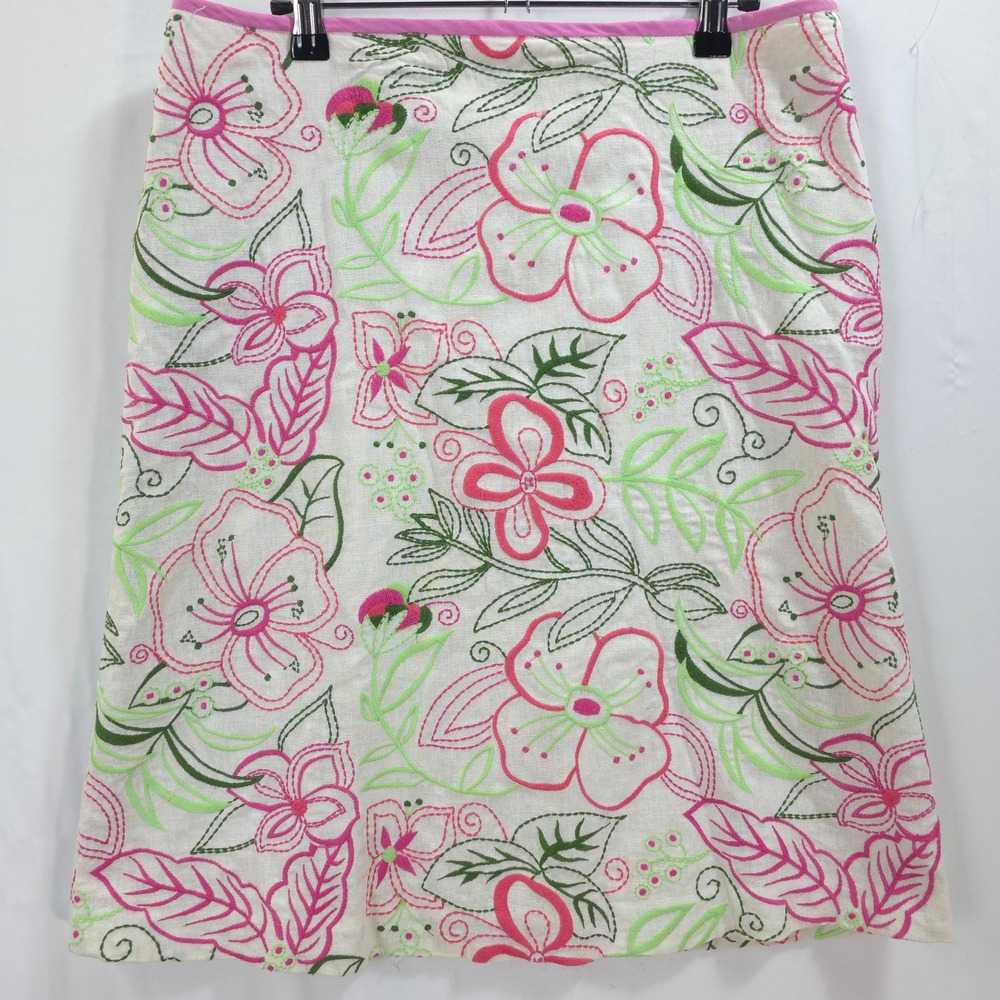 Tibi Embroidered Floral Linen Blend Skirt Women 12 Pink Green Tropical Chic